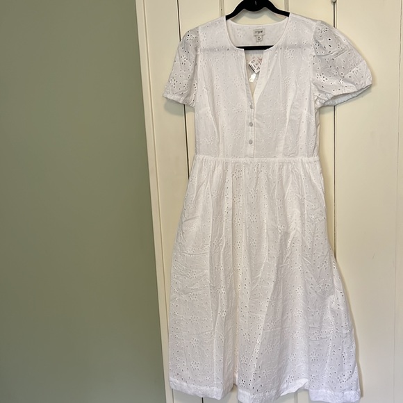 J.CREW Womens White Eyelet Puff Short Sleeve Below Knee Summer Dress Sz 8 - Picture 2 of 4